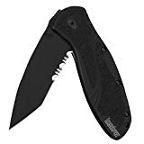 Kershaw Blur Tanto Black Serrated Pocket Knife (1670TBLKST); 3.4” DLC-Coated, 14C28N Steel, Partially Serrated Blade; Anodized Aluminum Handle, SpeedSafe Opening, Reversible Pocketclip; 3.9 OZ