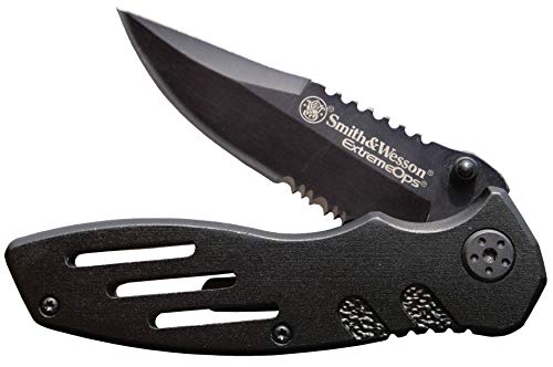 Smith & Wesson Extreme Ops SWA24S 7.1in S.S. Folding Knife with 3.1in Serrated Clip Point Blade and Aluminum Handle for Outdoor, Tactical, Survival and EDC Smith & Wesson Extreme Ops SWA24S 7.1in S.S. Folding Knife with 3.1in Serrated Clip Point Blade and Aluminum Handle for Outdoor, Tactical, Survival and EDC